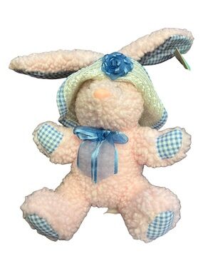 Kmart Pink Sherpa Bunny Stuffed Plush W Hat Plaid Blue White Hand Feet Bow